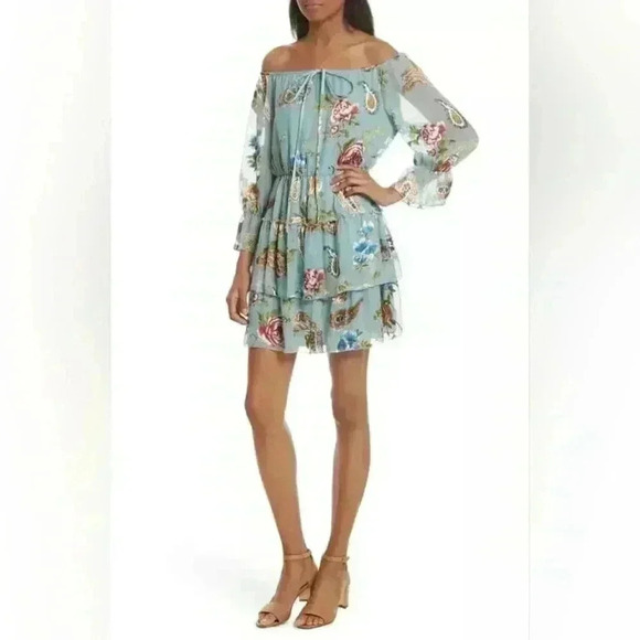 Alice & Olivia Waylon Off The Shoulder Blouson Mini Dress Boho Multi Floral - Picture 8 of 14